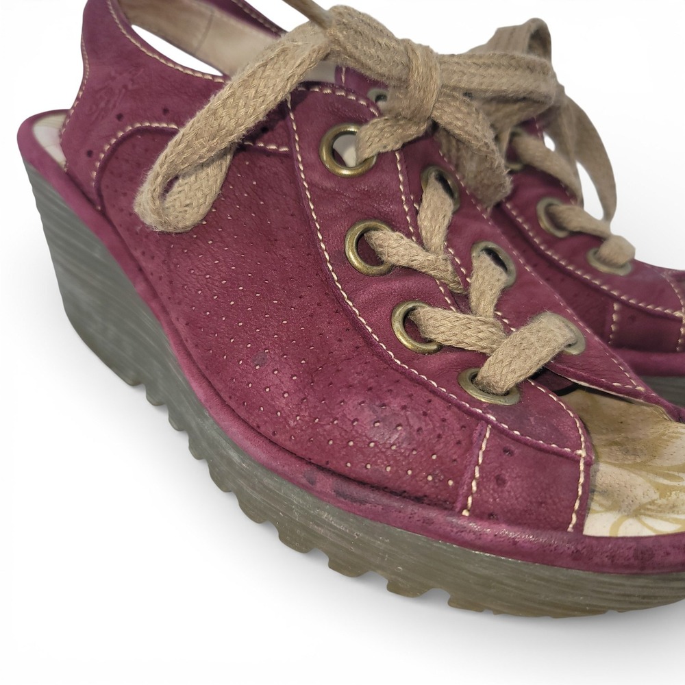 Fly London Womens 37 Wedge Sandals Lace Up Yuta‎ Maroon Leather Comfort Shoes - Picture 3 of 6